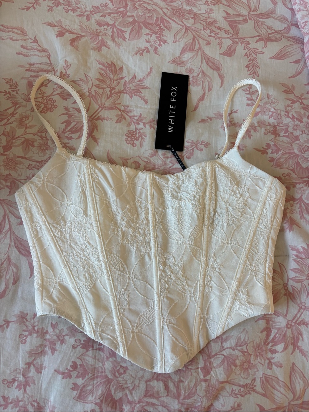 White Fox Boutique Cream Lace Bustier Crop Top